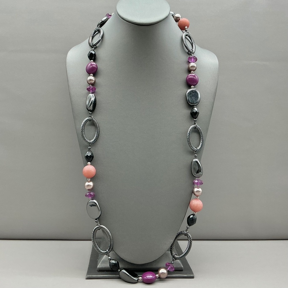 Premier Designs Necklace Purple Beaded Gunmetal Tone Twisted Link Long 26 Inch